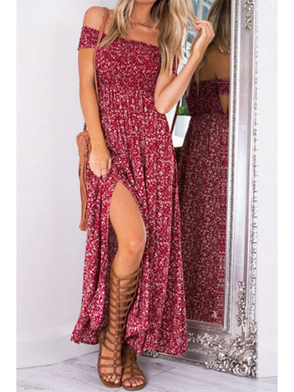 Red Dew Shoulder High Split  Maxi Dress 