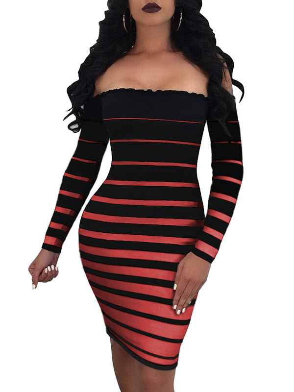 Red Dew Shoulder Striped Bodycon Dress