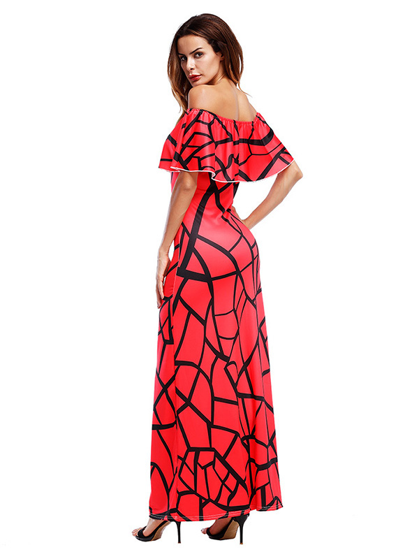 Red Falbala Design Ankle Length Maxi Dress