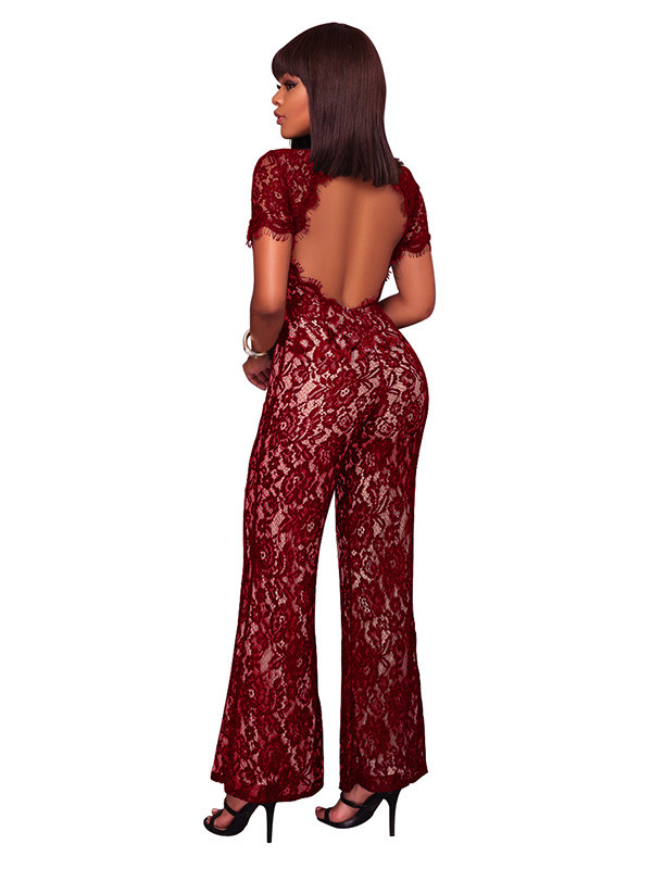 Red Hollow-out Bud Silk One-piece Jumpsuits