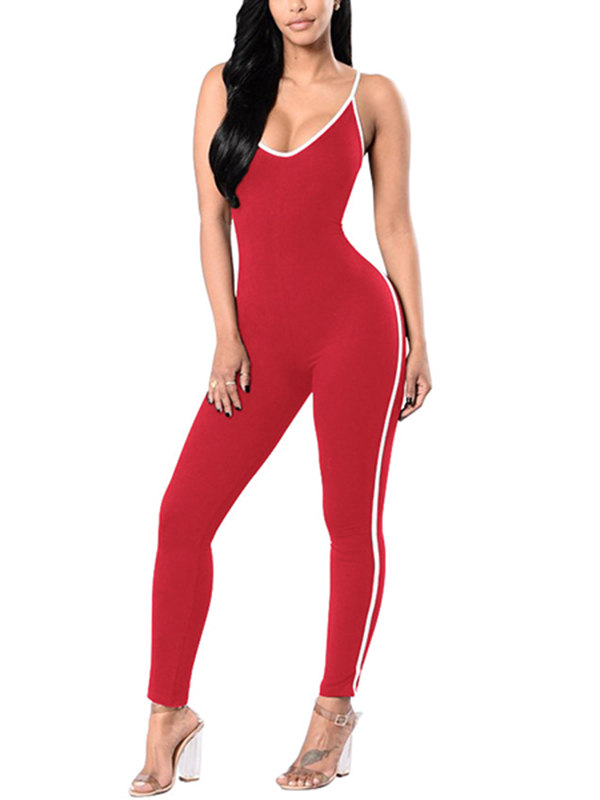 Red Polyester Striped Skinny Jumpsuits