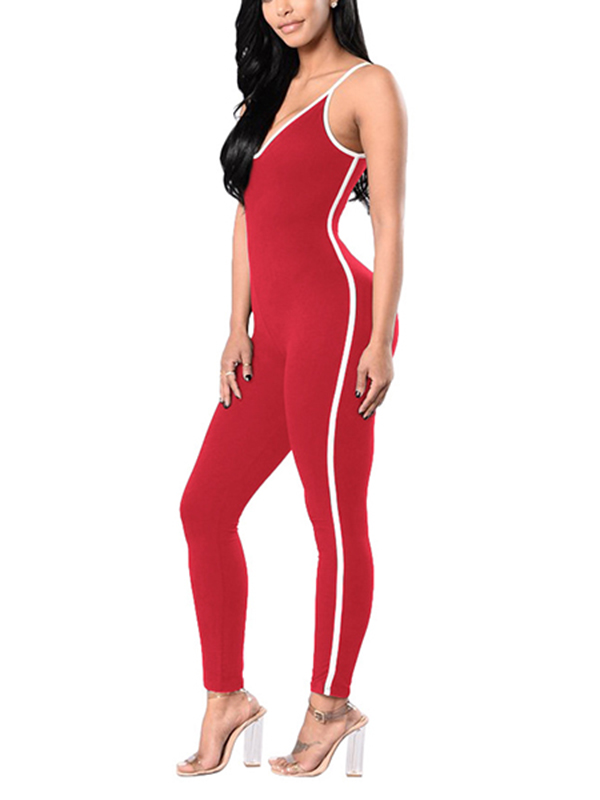 Red Polyester Striped Skinny Jumpsuits