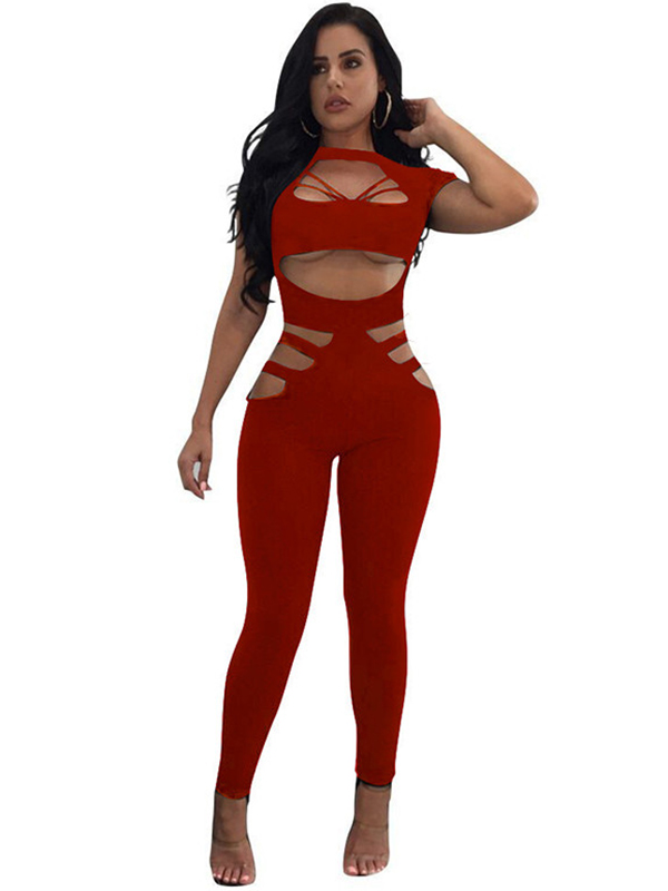 Red Round Neck Hollow-out Jumpsuits 