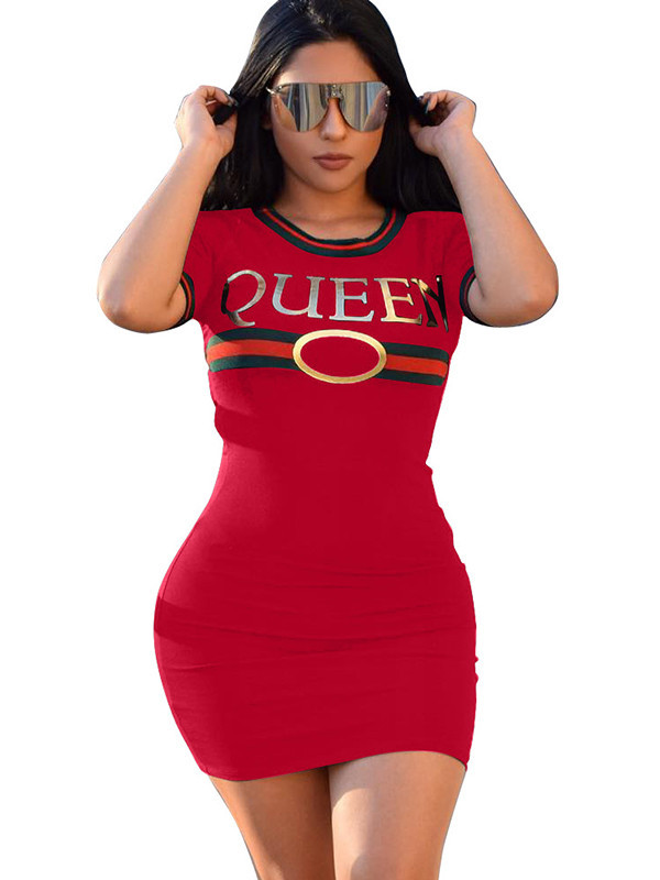 Red Round Neck Letters Printed Casual Dress