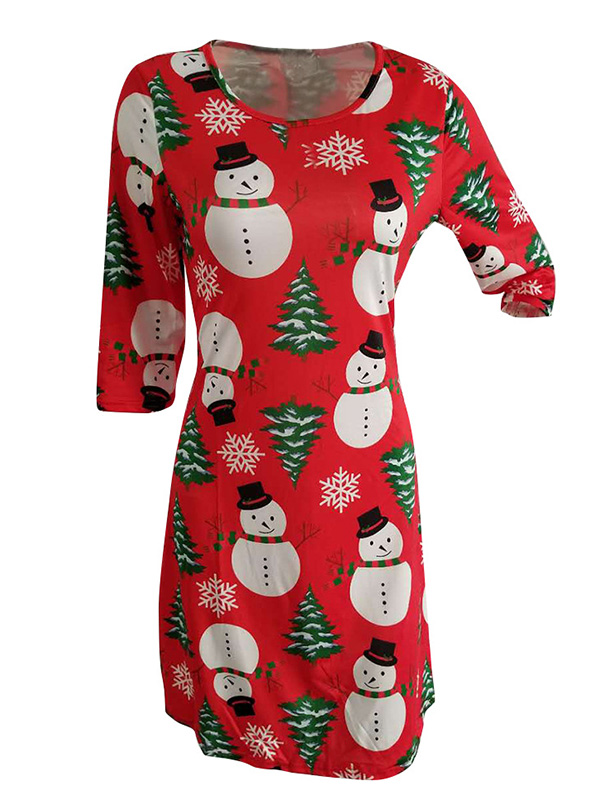 Red Round Neck Long Sleeves Polyester Printed Casual Dress