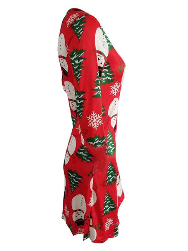 Red Round Neck Long Sleeves Polyester Printed Casual Dress