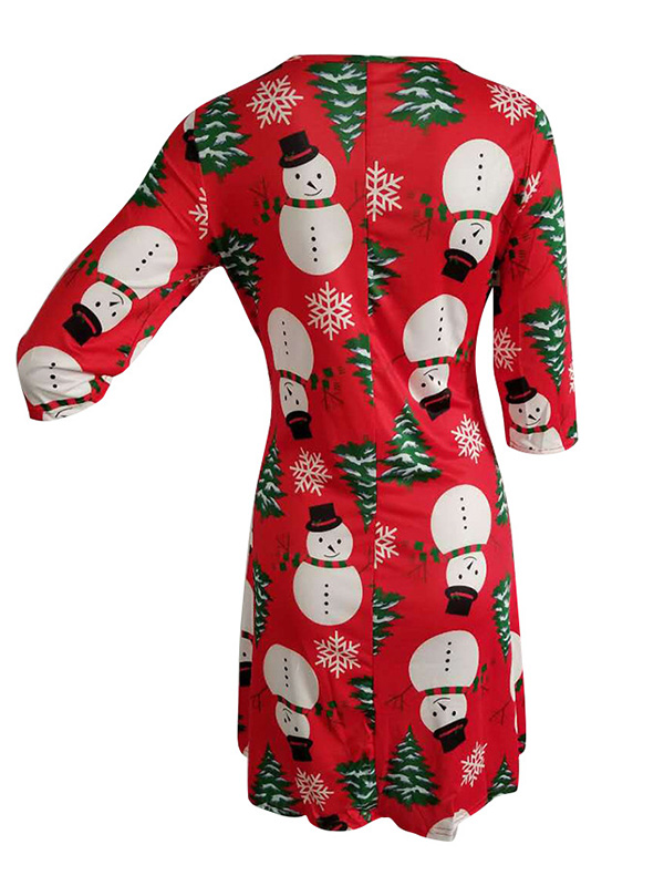 Red Round Neck Long Sleeves Polyester Printed Casual Dress
