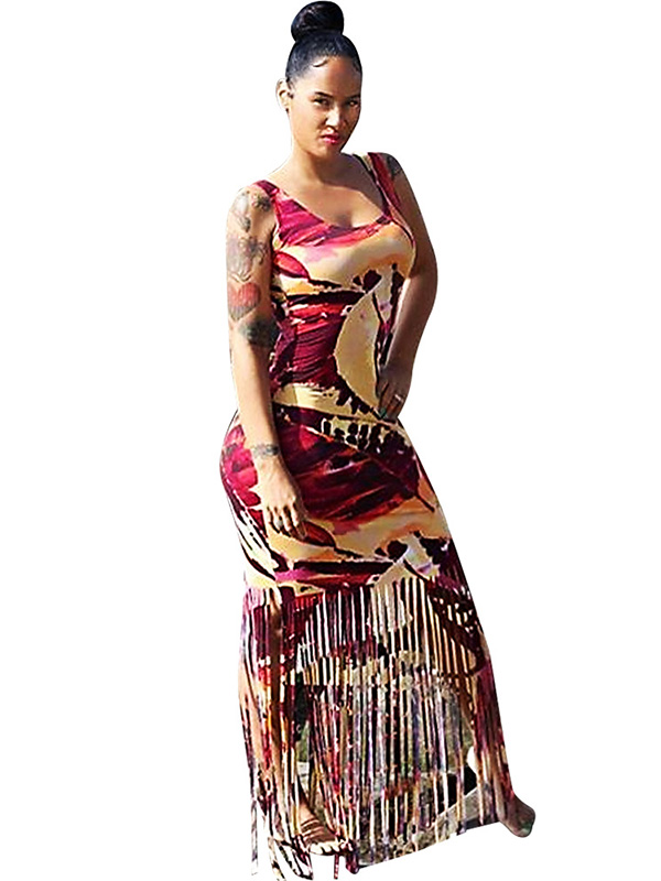 Red Round Neck Tassel Ankle Length Maxi Dress 