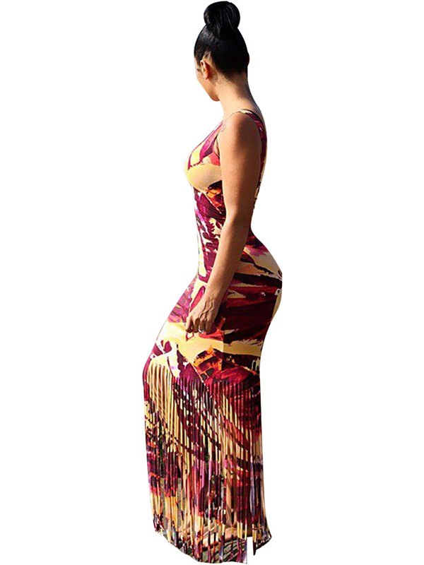 Red Round Neck Tassel Ankle Length Maxi Dress 