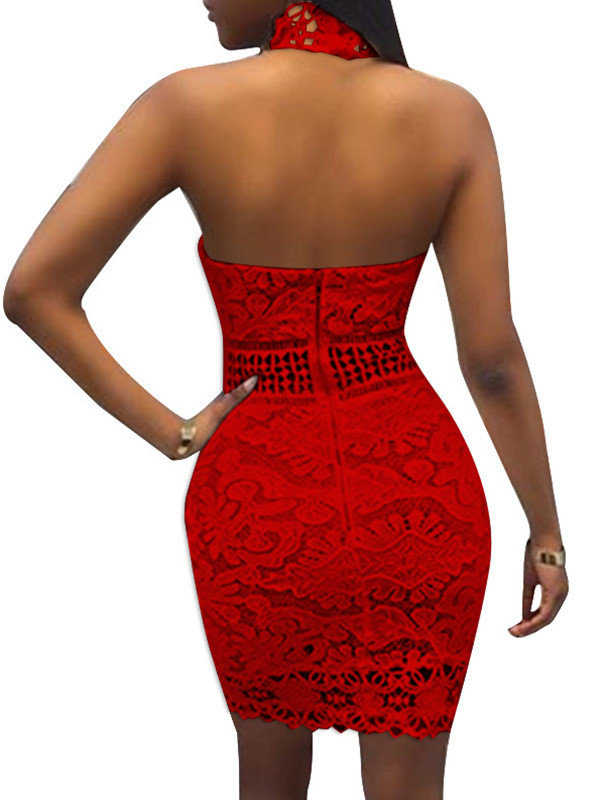 Red Sexy Hollow-out Lace Sheath Mini Dress