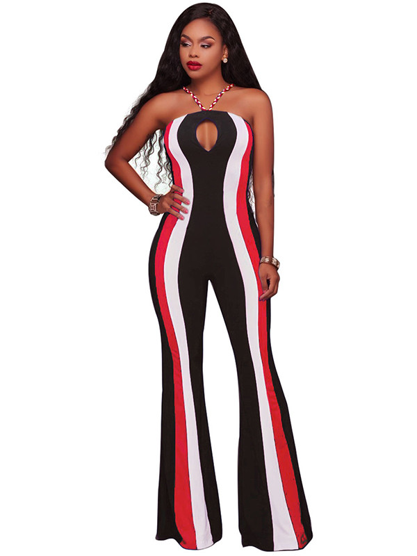Red Sexy Hollow-out Striped Milk Fiber One-piece Jumpsuits  
