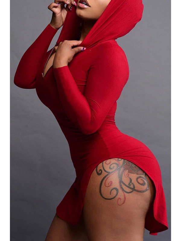 Red Sexy Hooded Collar Irregular Casual Dress 