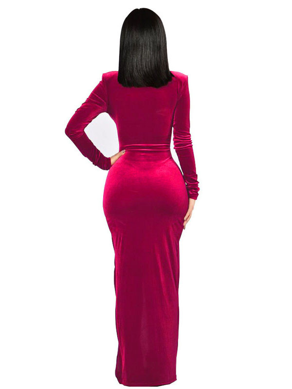 Red Sexy Long Sleeves Side Split Dress 