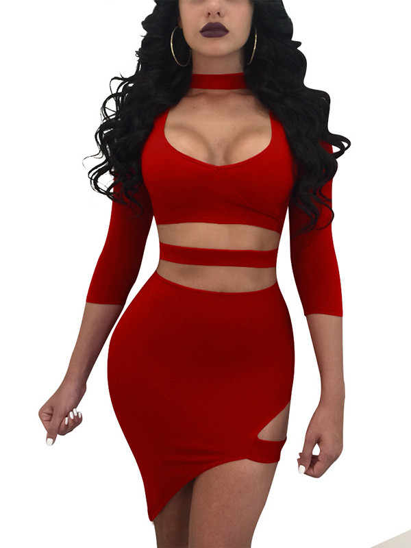 Red Sexy Turtleneck Hollow-out Mini Dress 