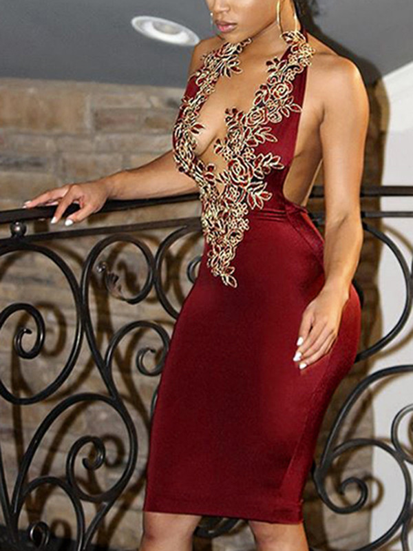 Red Sexy V Neck Backless Bodycon Dress