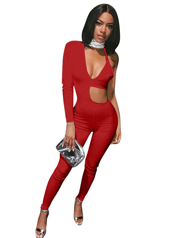 Red Sexy V Neck Hollow-out Asymmetrical Jumpsuits 