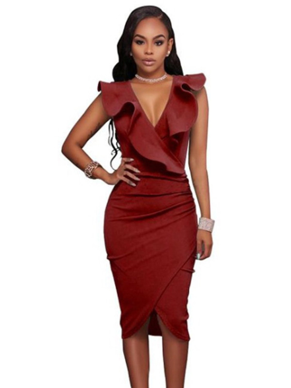 Red Sexy V Neck Sleeveless Midi Dresses