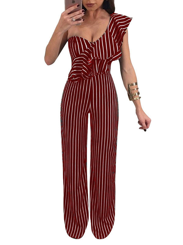 Red Shoulder Ruffle Striped Jumpsuits