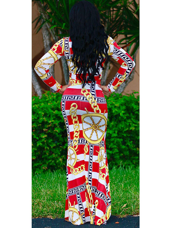 Red Stylish Round Neck Printed Maxi Dress