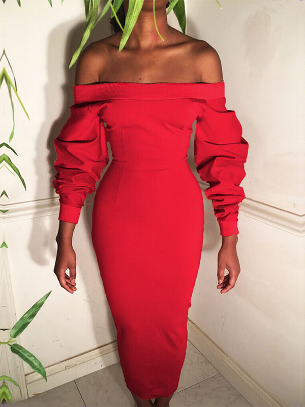 Red Trendy Dew Shoulder Long Sleeves Dress