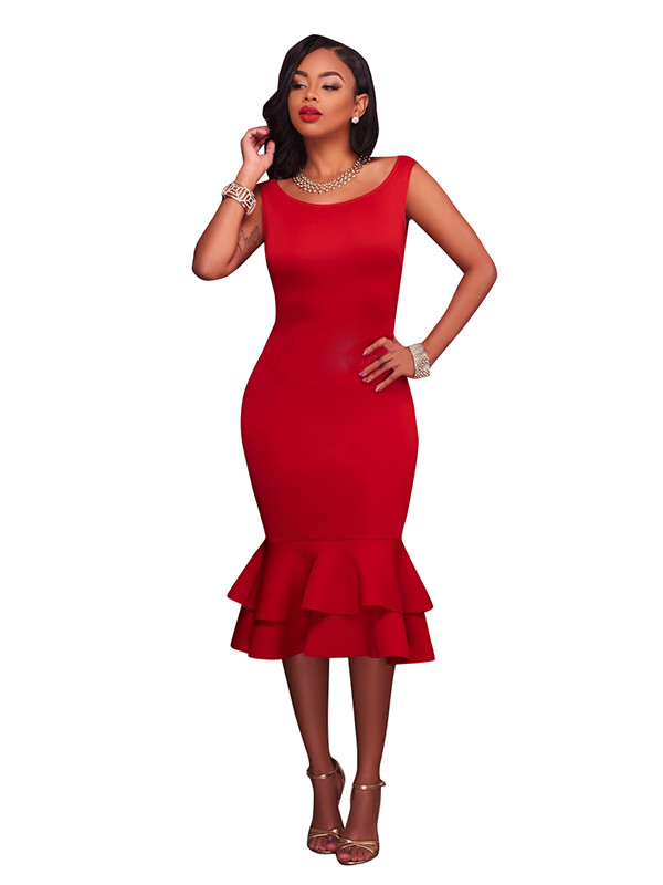 Red Trendy Round Neck Falbala Design Dress