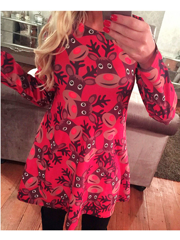 Rose Round Neck Printed Blue Casual Dress 