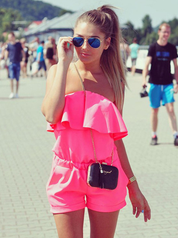 Rose Stylish Strapless Falbala One-piece Jumpsuits