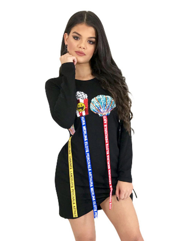 Round Neck Printed And Webbing Casual Dress 