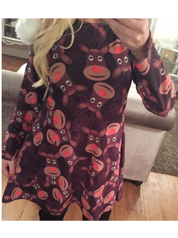 Round Neck Printed Blue Casual Dress 