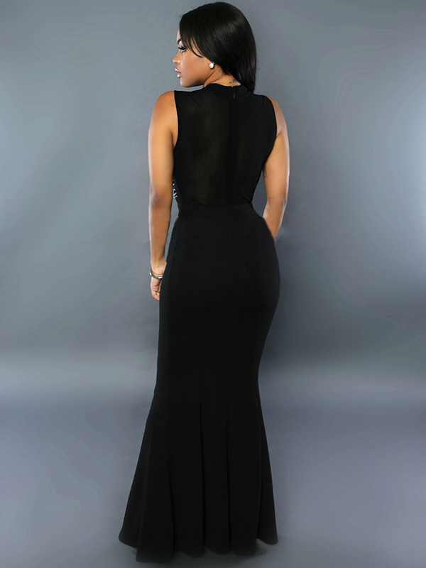 Round Neck Sleeveless Rhinestone Decorative Maxi Dress