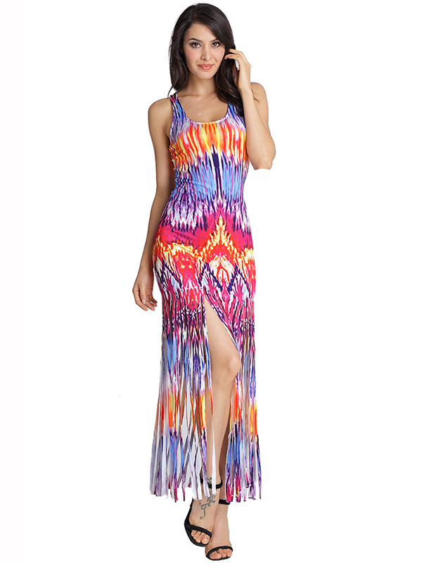 Round Neck Tassel Ankle Length Maxi Dress 