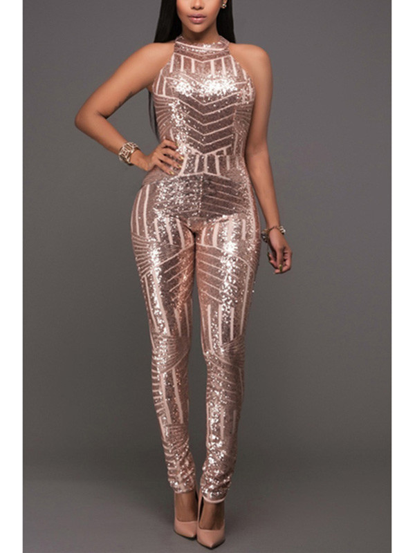 Sexy Backless Champagne Sequined Jumpsuits