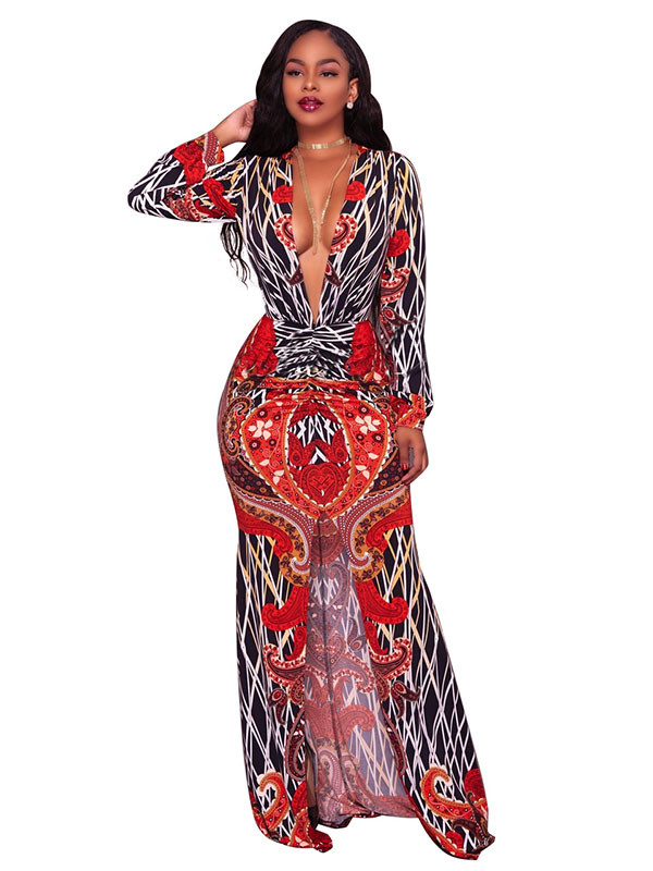 Sexy Deep V Neck Slit Printed Maxi Dress   