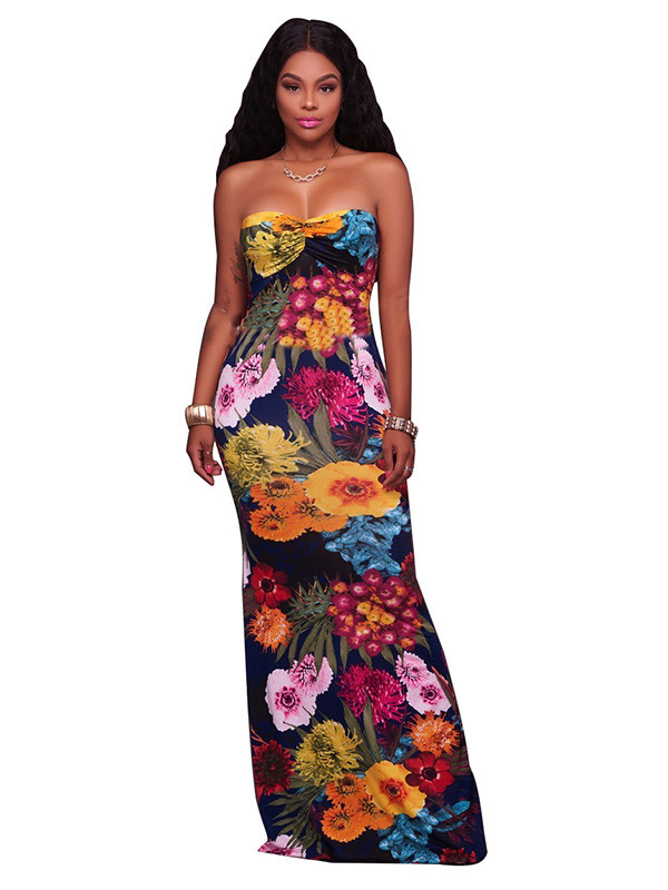 Sexy Dew Shoulder Printed Black Maxi Dress