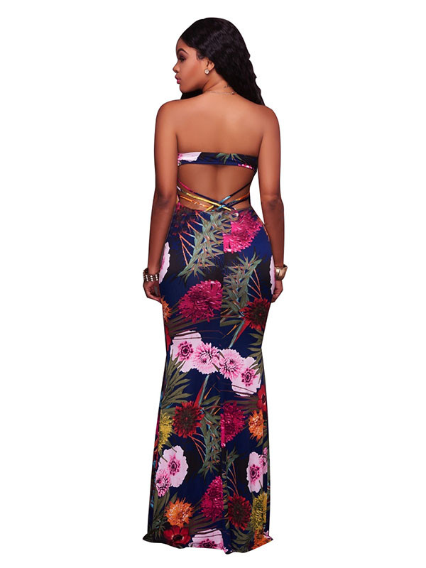 Sexy Dew Shoulder Printed Black Maxi Dress