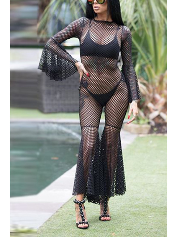 Sexy Hollow-out Black Gauze Jumpsuits