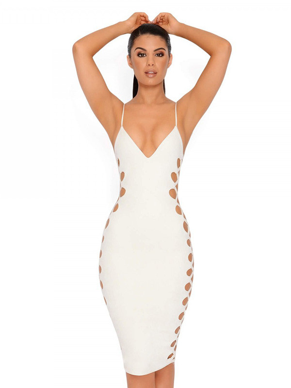 Sexy Hollow-out White Knee Length Midi Dress