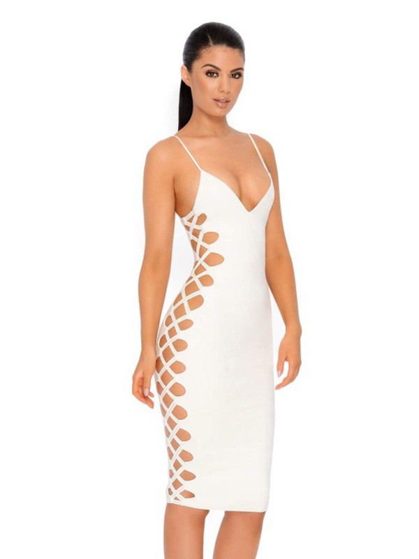 Sexy Hollow-out White Knee Length Midi Dress