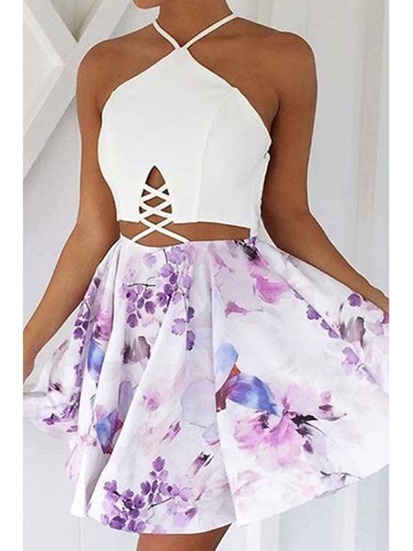 Sexy Lace-up Backless Printed Polyester Casual Dress