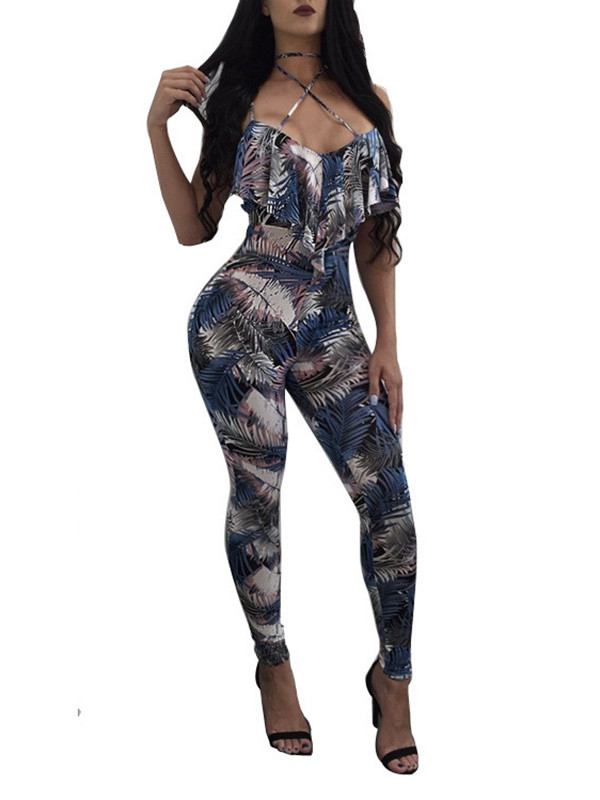 Sexy Printed Blue Qmilch One-piece Skinny Jumpsuits 
