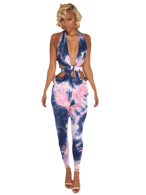 Sexy Printed Hollow-out Polyester One-piece Jumpsuits  