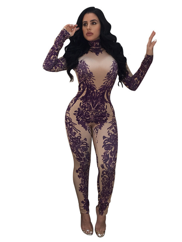 Sexy Turtleneck Printed Purple Polyester One-piece Jumpsuits