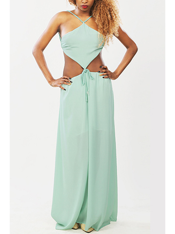 Sexy V Neck Hollow-out Green Chiffon Dress
