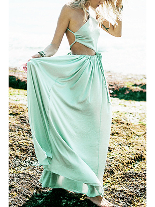 Sexy V Neck Hollow-out Green Chiffon Dress