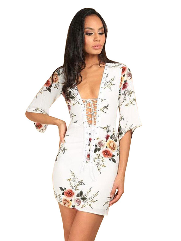 Sexy V Neck Lace-up Floral Printed White Polyester Mini Dress