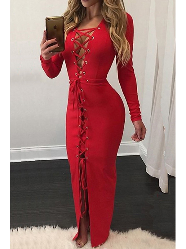 Sexy V Neck Lace-up Hollow-out Ankle Length Dress 