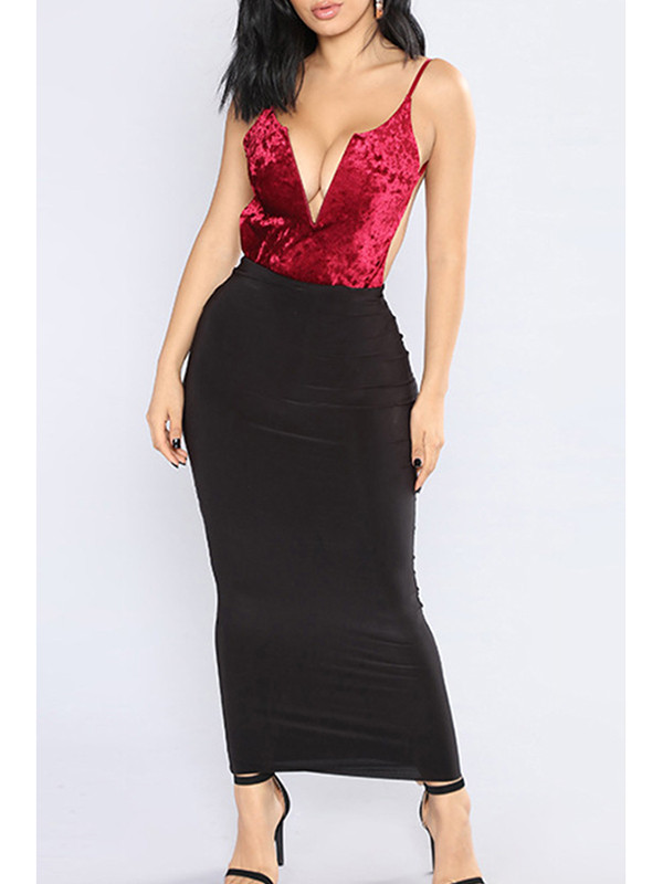 Sexy V Neck Patchwork Wine Red Dress