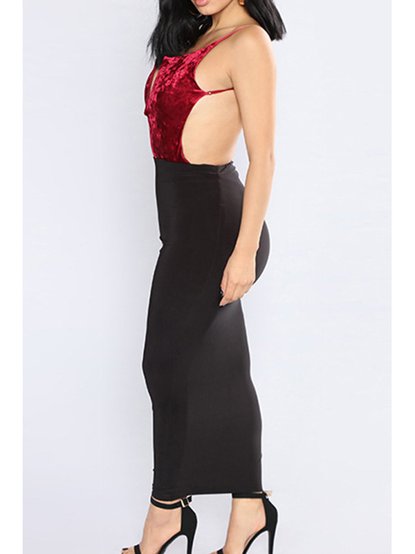 Sexy V Neck Patchwork Wine Red Dress