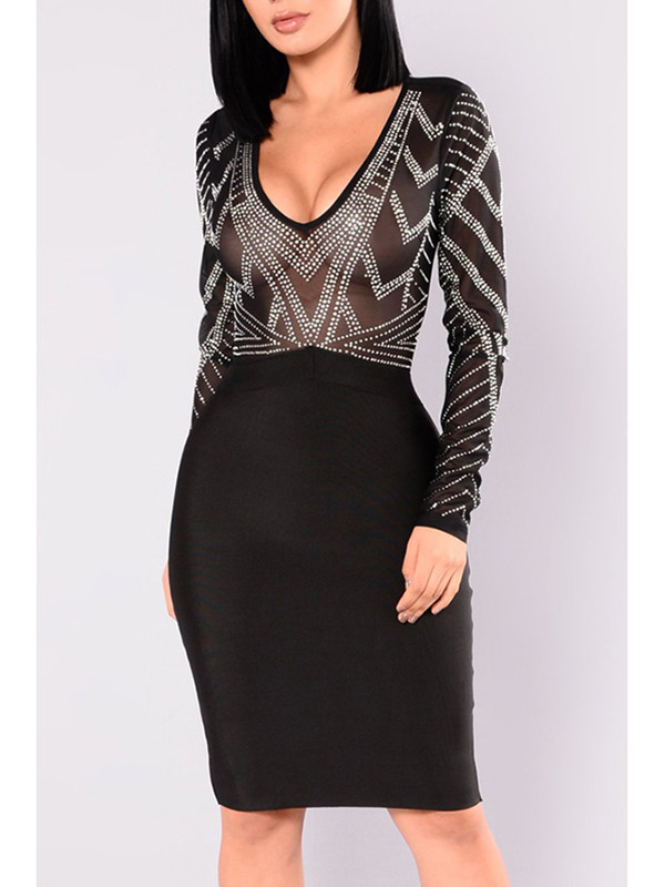 Sexy V Neck See-Through Black Bodycon Dress