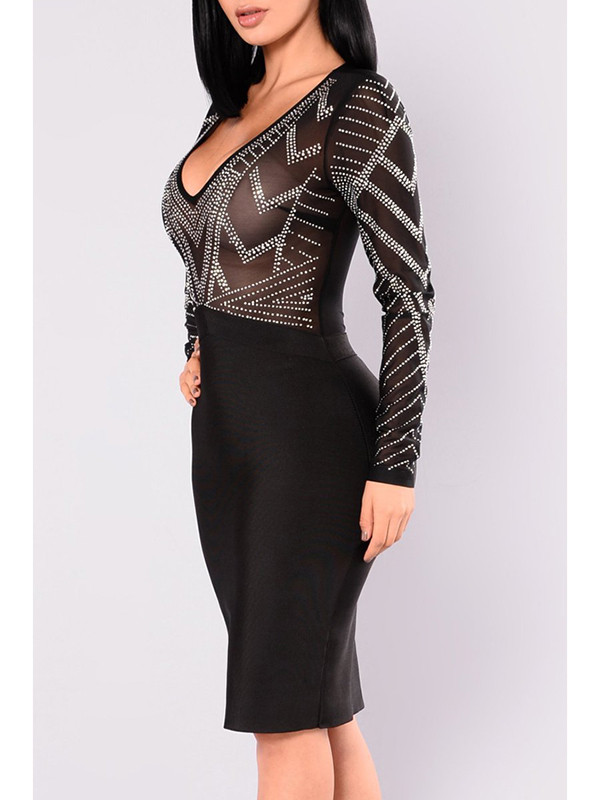 Sexy V Neck See-Through Black Bodycon Dress